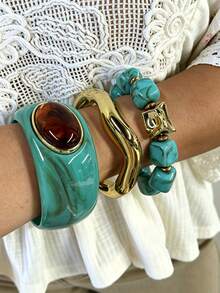 3/1pc Fashion Old Money Style Exaggerated Geometric Asymmetrical Beaded Bracelet Set For Women, Sisters, Vacation, Date, Gift, Daily Casual, Party, Wedding, Matching, Mom, Friend (Color Difference May Occur) - Turquoise - View 2