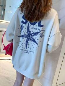 Sweatshirt Leher Bulat Motif Bintang Laut & Garis Ombak Gaya Liburan Pantai, Atasan Lengan Panjang Kasual Bahu Longgar dengan Slogan Liburan Musim Panas, Pakaian Musim Gugur - Putih Abu-abu - View 7