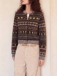 Women's Vintage Knit Letter Pattern Cardigan Sweater, Long Sleeve Round Neck Button Casual Winter Top - Multicolor - View 1
