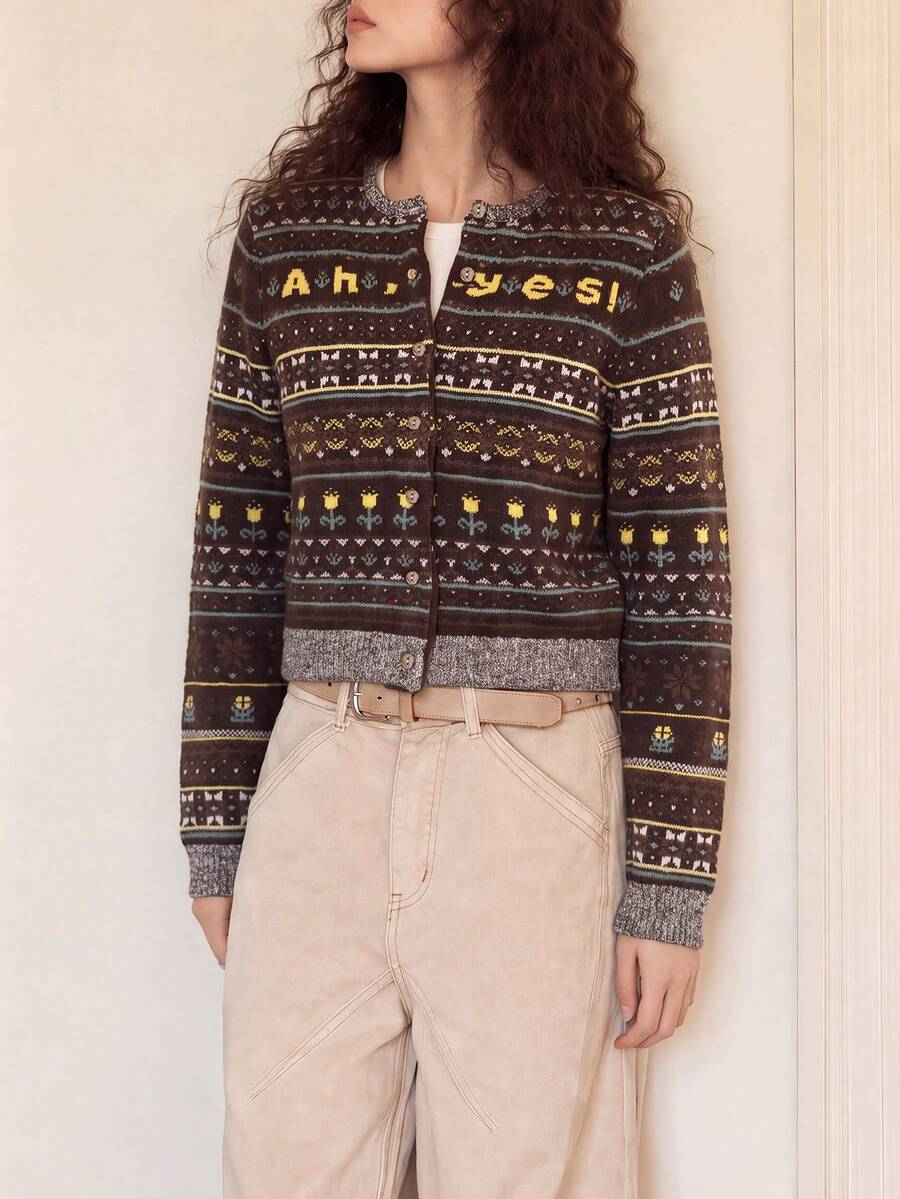 Women's Vintage Knit Letter Pattern Cardigan Sweater, Long Sleeve Round Neck Button Casual Winter Top - Multicolor - View 1