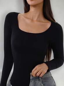 Women's Light Compression Long Sleeve T-Shirt, Round Neck Regular Length, Slim Fit, Casual Black, Spring - Black - View 5