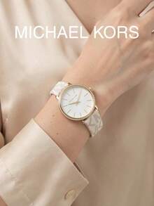 MICHAEL KORS MK1037 Pyper Series Women's Quartz Watch Gold Case With Diamond Bezel White Dial  Logo Print Strap Two-Hand Minimalist Luxury Women's Watch - White - View 1