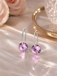 FOREVER QUEEN 1pc 925 Sterling Silver Colorful Pendant Earrings, Round Cut Cubic Zirconia Hook Earrings, Women's Style - Single - View 9