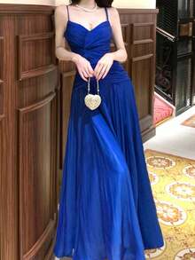 Women A-Line Blue Party Cami Dress Elegant Chic Birthday Prom Dresses Formal Evening Wedding Guest - Royal Blue - View 3