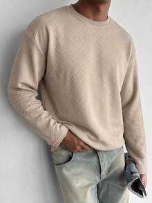 Blueprint Man 1pc Men's T-Shirt, Khaki Crew Neck Long Sleeve Top, All-Over 3D Embossed Geometric Pattern, Soft Skin-Friendly Fabric, Delicate And Soft Touch, Loose Drop Shoulder Fit, Flattering For All Body Types, Casual Slouchy, Spring/Autumn Commute, Shopping, Travel, Old Money Style - Khaki - View 3