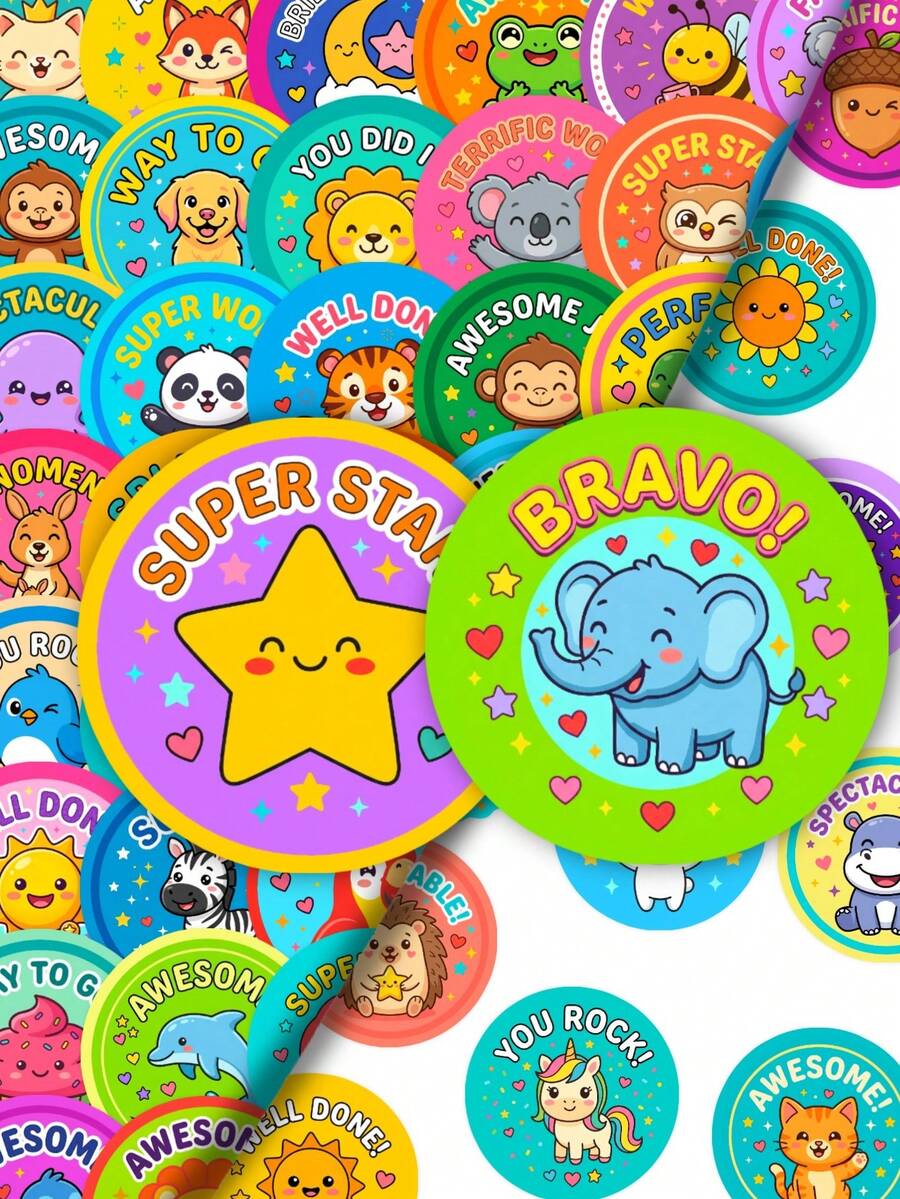 50Pcs Colorful Round Kids Reward Sticker Pack, Cartoon Animal Inspirational Praise‑Word Decals, Motivational Incentive Stickers For Kindergarten Classroom, Parent‑Child Encouragement DIY Accessories - Multicolor - View 1