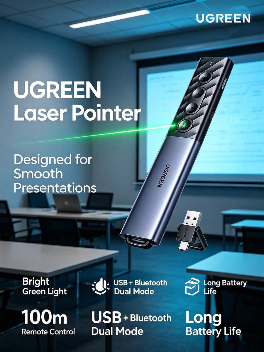UGREEN LP386 Turner PPT Laser Hijau Isi Ulang, Pena Kontrol Jarak Jauh Bluetooth untuk Guru, Presenter Nirkabel Antarmuka Ganda Tipe-C/USB - View 1