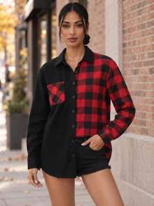 Women's Red And Black Plaid Patchwork Button Front Shirt With Chest Pocket, Long Sleeve Collared Casual Top - Black - View 10
