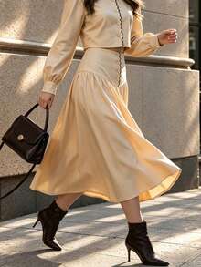 Fall Apricot High Waist Midi Skirt Women, Contrast Wavy Trim Button Detail Paneled A Line Flared Skirt - Apricot - View 3