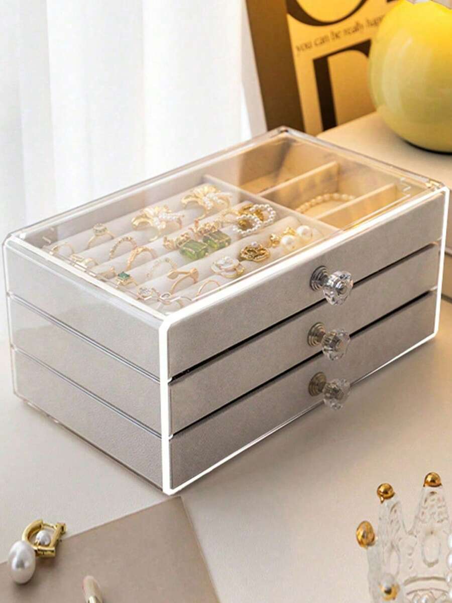 1pc 3-Tier Acrylic Velvet Jewelry Box, Drawer Style Jewelry Storage Box For Necklaces, Earrings, Rings, Gift For Women And Girls