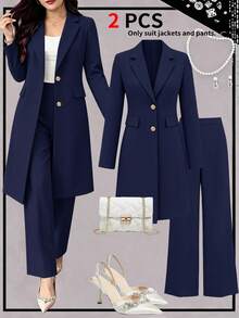 Plus Size Women's Elegant Commute 2 Pieces Set, Spring/Autumn Long Waist-Cinching Vintage British Design Faux Pocket Button Detail Blazer Coat With Simple Casual Straight Leg Pants - Navy - View 1