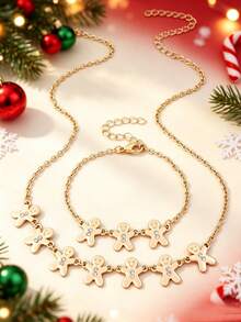 2Pcs/Set Dainty Christmas Jewelry Set Gold Plated Rhinestone Inlaid Xmas Gingerbread Man Pendant Jewelry, Holiday Party Accessories For Kids Girls - Multicolor - View 1