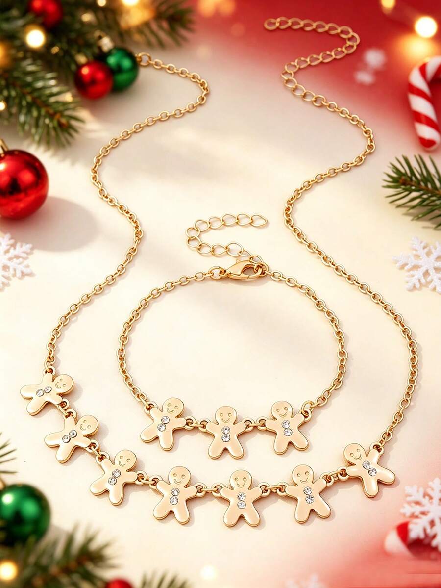 2Pcs/Set Dainty Christmas Jewelry Set Gold Plated Rhinestone Inlaid Xmas Gingerbread Man Pendant Jewelry, Holiday Party Accessories For Kids Girls - Multicolor - View 1
