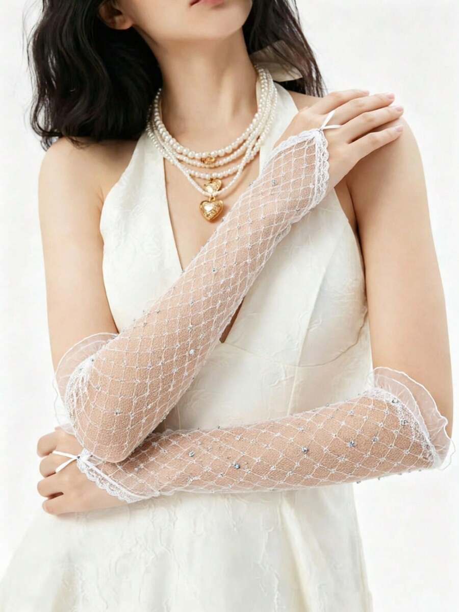 1對甜美蕾絲露指長款假袖套,薄款透氣防曬袖套手套,高彈性性感手臂套,適用於遮蓋疤痕/紋身與開車 - 白色 - 查看 1