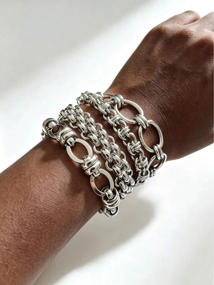 1/4 piezas Pulsera de cadena de acero inoxidable gruesa, pulsera de cadena de clip de papel de acero inoxidable 304 hecha a mano, textura pulida, pulsera personalizada en capas, regalo de joyería adecuado para hombres y mujeres - Pulsera hecha a mano - Ver 1