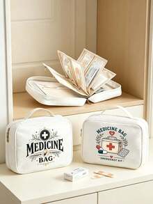 Large Capacity Medicine Bag With Vintage "Medicine" Print,Travel Portable First Aid Kit,Ring Binder Style Storage Bag,Multi-Pocket Medical Organizer - Multicolor - View 5