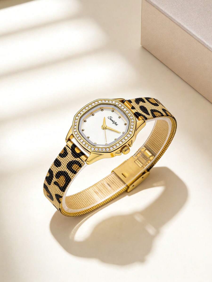 1pc Women's Vintage Octagonal Rhinestone English Letter Watch, Gold Alloy Rhinestone Case, White Minimalist Dial, Leopard Print Metal Mesh Strap - White - View 1