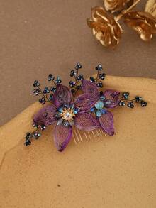 Elegant Purple Floral Hair Comb With Beaded Crystal Rhinestones, Handmade Mesh Flower Side Comb Bridal Hair Accessory For Wedding, Prom, Party, Evening Banquet, Bridesmaid - Multicolor - View 6