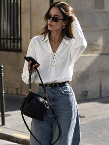minisummer Women Elegant Fall Lapel Lace Up Front Shirt, Fall Clothes For Women, Long Sleeve V Neck Loose Blouse, Vacation Outfits Women - White - View 2