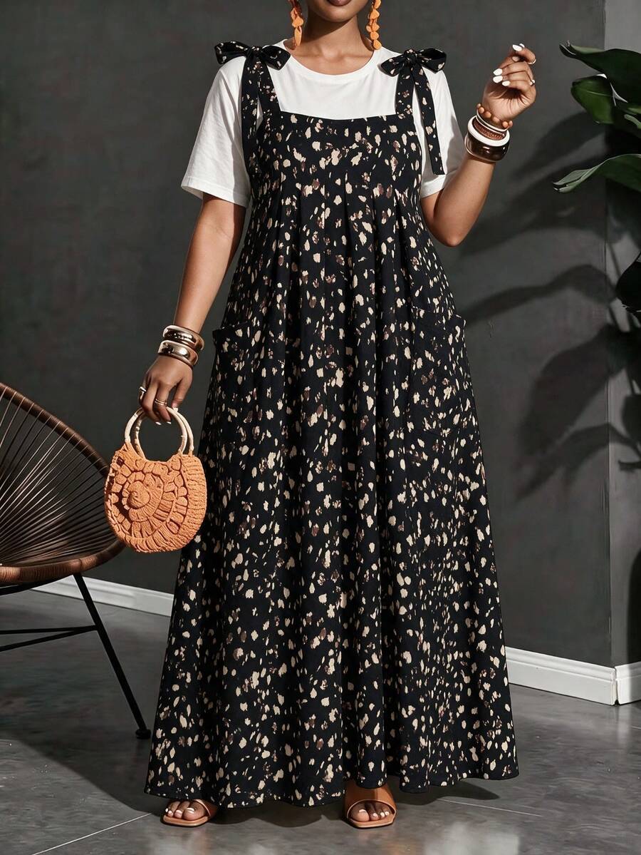 Plus Size Women Striped Dual Pocket Casual Loose Camisole Maxi Dress Set - Black - View 1