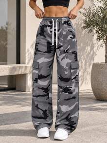 Gray Camo Cargo Pants For Women Elastic Drawstring Waist Side Flap Pockets Relaxed Wide Leg Casual Trousers. - Grey - View 6