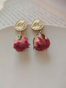 1 Pasang Anting Liontin Bunga Mawar Kering Gaya Prancis, Cocok untuk Perjalanan Sehari-hari dan Serbaguna - Merah - View 3