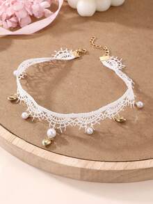 1pc/2pcs Girls Gentle Lace Choker Necklace With Faux Pearl Heart Pendant, Short Collarbone Chain Accessory, Sweet Girl Style - Multicolor - View 12