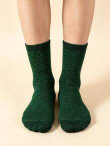1/6 Pairs Unisex Dark Green Metallic Yarn Knit Socks, Sequin Vertical Ribbed Mid-Calf Socks, Comfortable Elastic Casual All-Season - Dark Green - View 8