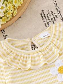 2pcs/Set Baby Girls Cute Minimalist Yellow & White Striped Floral Long Sleeve Top & Long Pants Set, Spring/Autumn - Multicolor - View 3