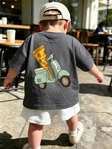 Infant/Toddler Casual T-Shirt, Cute Pizza & Skateboard Print Short Sleeve Top, Soft, Suitable For Daily Play And Outdoor Activities - Dark Grey - View 1