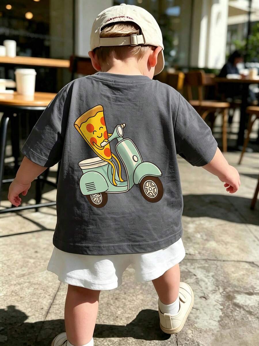 Infant/Toddler Casual T-Shirt, Cute Pizza & Skateboard Print Short Sleeve Top, Soft, Suitable For Daily Play And Outdoor Activities - Dark Grey - View 1