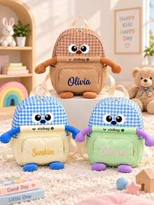 (Custom Embroidery) 1PC Cute Big Eyes Design, Color Block Patchwork, Breathable Lightweight Shoulder Strap, Personalized Name Embroidery, Holiday Gift, School & Travel Dual-Use Lightweight Backpack - Multicolor - View 3