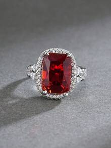 1pc Luxury High-End Copper Material Rectangular Cushion Shaped Colorful Gemstone Ring, Women's Evening Party Wedding Dress Accessory - Multicolor - View 13