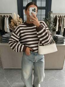 Women's New Autumn Colorblock Striped Knit Sweater For Daily Commute, College, Travel - Flower Coffee - View 3