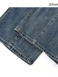 Jeans femme vintage américain délavé et usé, jambe courbe et large, taille haute amincissante, pantalon long élégant pour voyage, décontracté, vacances, début d'automne - Bleu azur - Voir 7