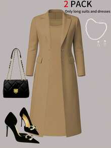 Plus Size Women's Elegant 2-Piece Set, Solid Color Minimalist Versatile Long Cardigan Jacket + Bodycon Mid-Length Dress, Suitable For Daily Commute, Spring/Autumn/Winter - Apricot 34 - View 2