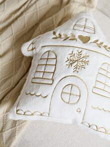 1pc Christmas Gold House Embroidered Shaped Pillowcase, Suitable For Indoor Decoration, Christmas Decoration, All Season Pillowcase, Without Insert - Gold - View 7