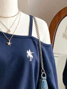 Girls' American Vintage Asymmetrical Shoulder Long Sleeve Sweatshirt, Navy Blue Horse Embroidery Loose Drop Shoulder Pullover Top, Spring/Autumn - Blue - View 5
