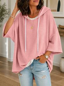 Plus Size Women's New Solid Color Knit Hooded Drawstring Waffle Casual Top - Pink - View 4
