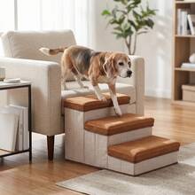 Dog Stairs With Sofa Storage, 3-Step Foldable Pet Stairs With Storage And Non-Slip Surface - Coffee Brown - View 4