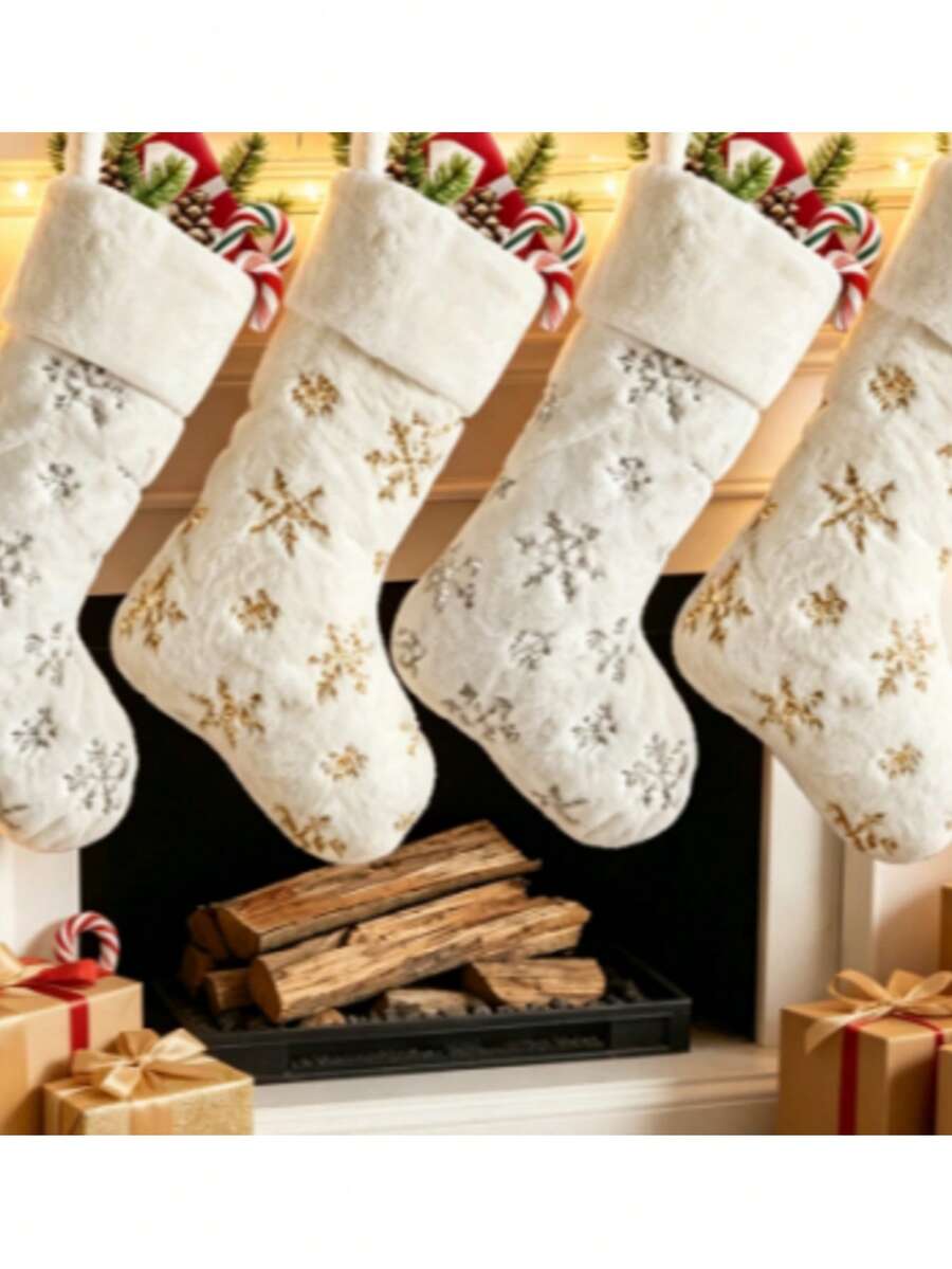 1pc Plush Sequin Christmas Gift Sock, Gift Storage Bag, Fireplace Hanging Decor, Holiday Party Scene Decoration Prop - Multicolor - View 1