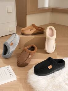 Unisex Thick Fleece Home Slippers For Autumn/Winter, Warm Comfortable Soft Sole With Thermal Lining Fuzzy Slippers, Solid Color Faux Suede Upper House Shoes - Coffee Brown - View 1
