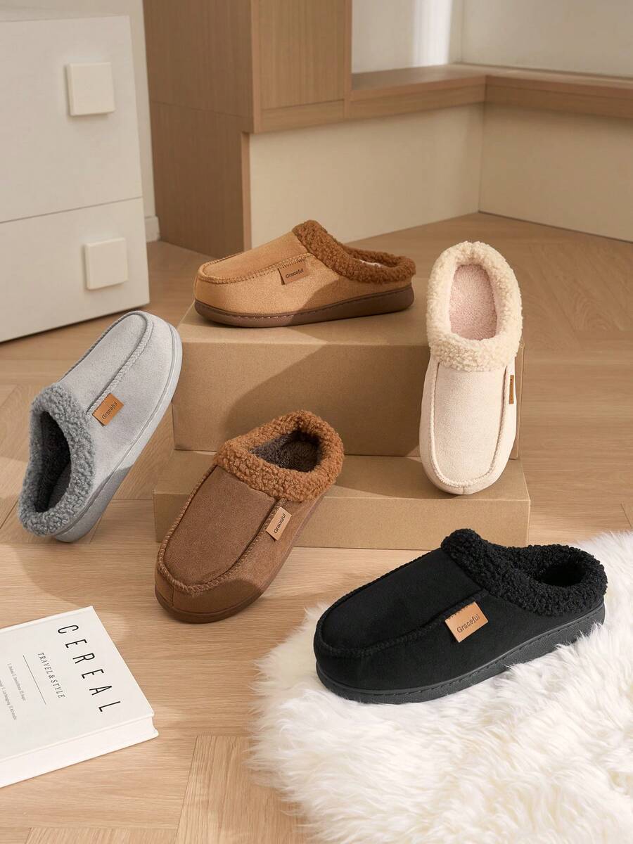 Unisex Thick Fleece Home Slippers For Autumn/Winter, Warm Comfortable Soft Sole With Thermal Lining Fuzzy Slippers, Solid Color Faux Suede Upper House Shoes - Coffee Brown - View 1
