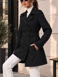AODSR Women's Black Double-Breasted Trench Coat With Adjustable Belt, Lapel Collar And Pockets For Work And City Wear. - Black - View 4