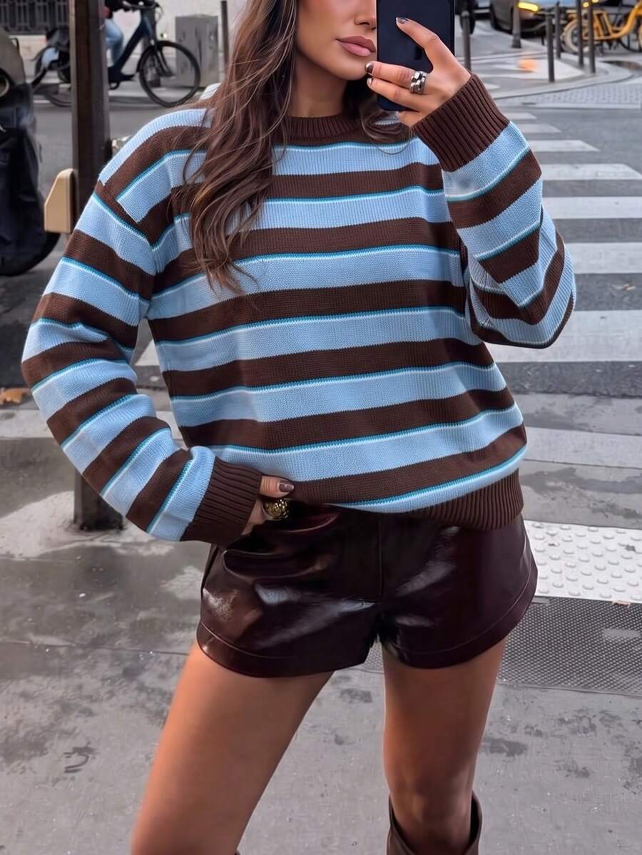 Sweater Rajut Lengan Panjang Bergaris Pendek Wanita, Elastisitas Sedang, Musim Gugur - MultiWarna - View 1