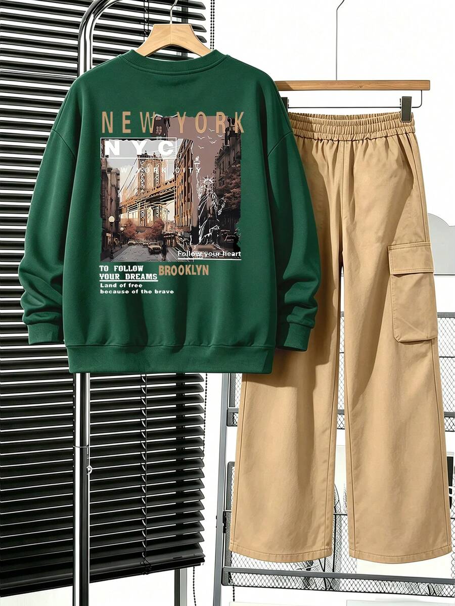 2 Pieces Set Suitable For Tween BoysCrew Neck Sweatshirt And Cargo Pants Outfit, Printed With Vintage Street Style Crew Neck Sweatshirt And Cargo Pants Matching Set, Suitable For Autumn/Winter Daily Wear - Multicolor - View 1