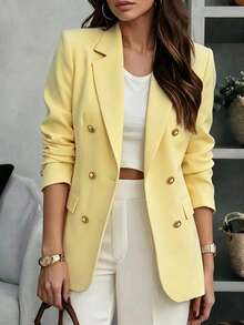 Women's Solid Yellow Blazer, Lapel Double-Breasted Long Sleeve Pocket Jacket, Fashionable Business Office Commute, Essential For Spring, Autumn And Winter - Yellow - View 4