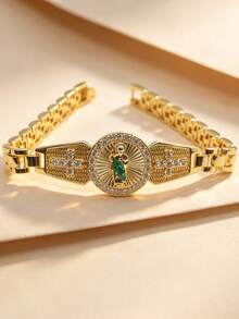 1pc Luxury Religious Style Alloy Gold-Plated Full Rhinestone Round Saint Jude Portrait Cross Chain Bracelet, Unisex Birthday Party Accessory, Christmas, Halloween - Gold - View 1