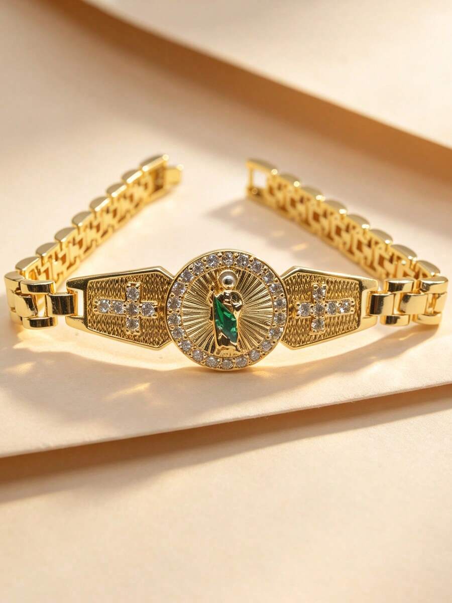 1pc Luxury Religious Style Alloy Gold-Plated Full Rhinestone Round Saint Jude Portrait Cross Chain Bracelet, Unisex Birthday Party Accessory, Christmas, Halloween - Gold - View 1