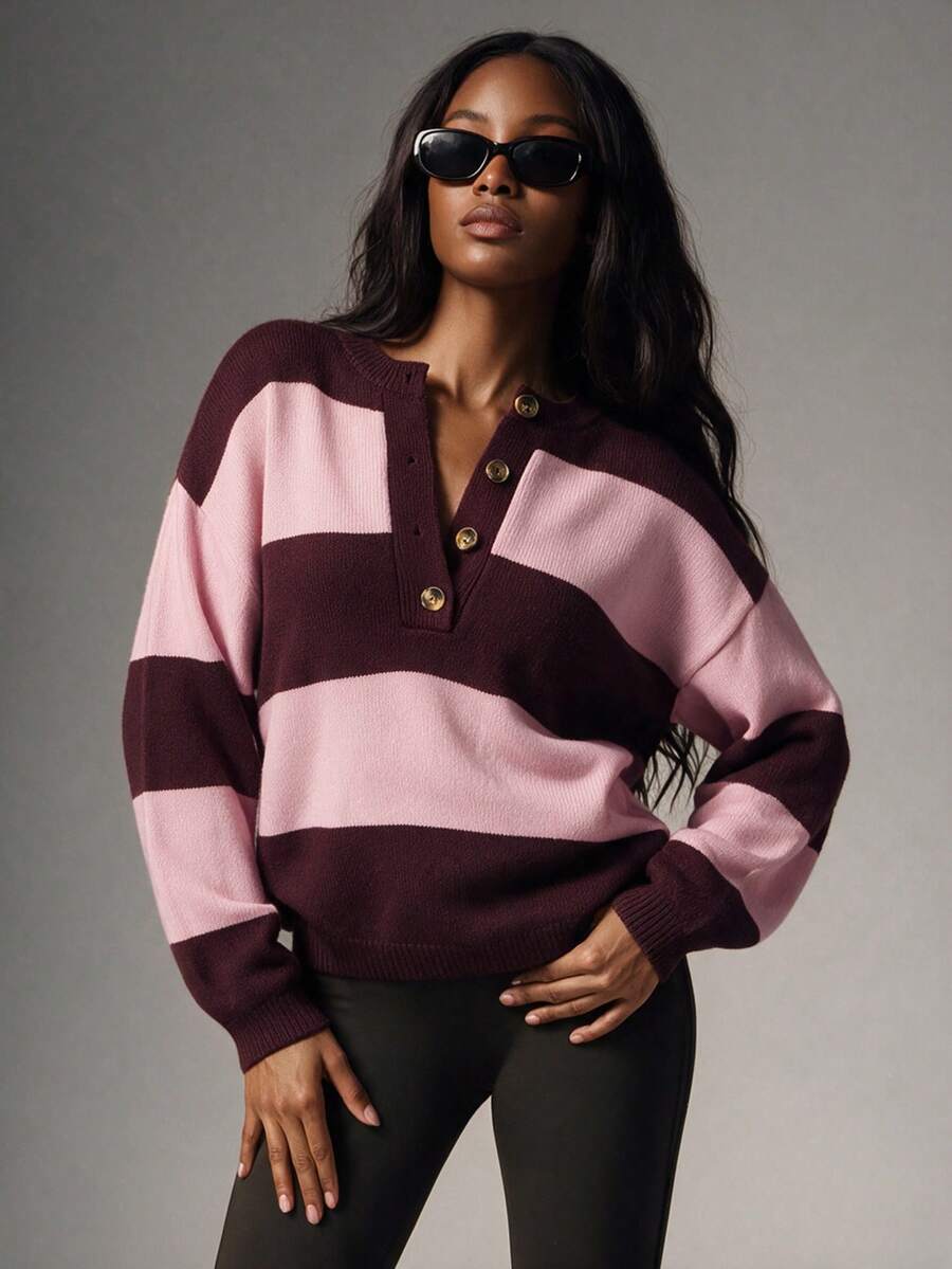 Colorblock Button Half-Placket Long Sleeve Drop Shoulder Pullover Sweater - Pink - View 1